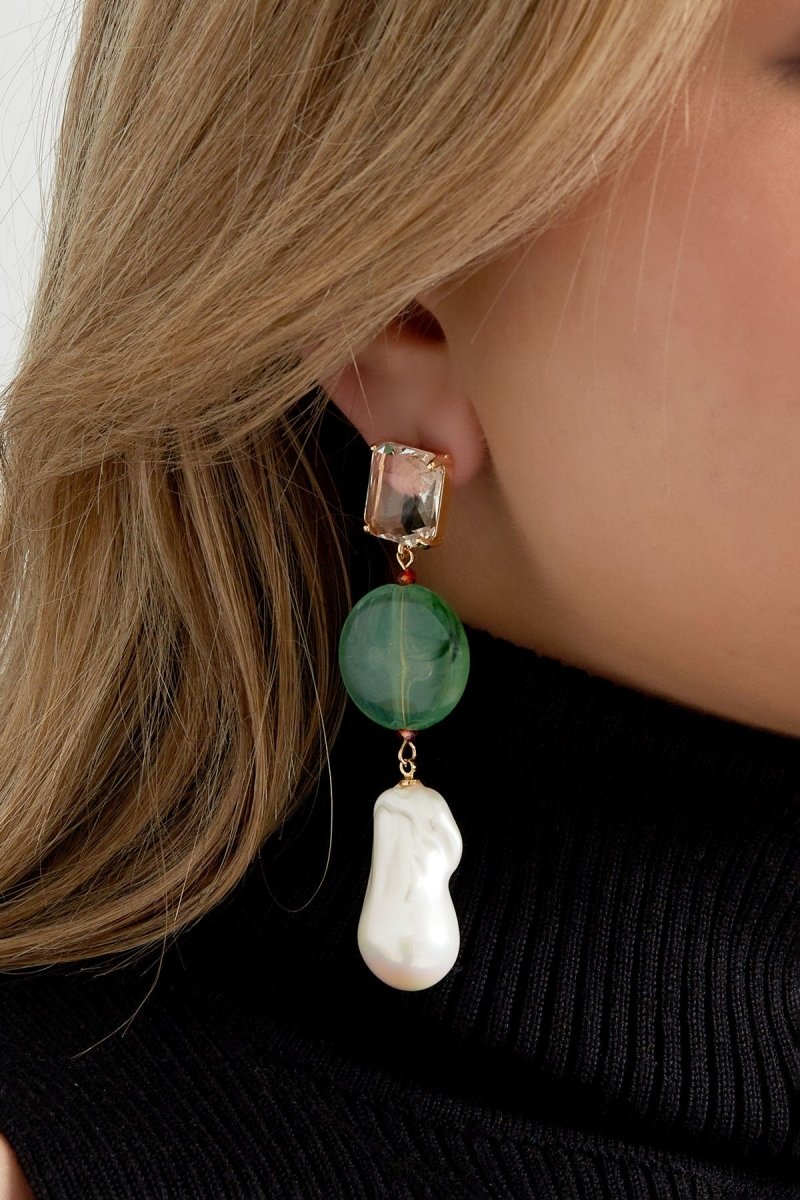 Vintage Pearls Oorbellen Green & White