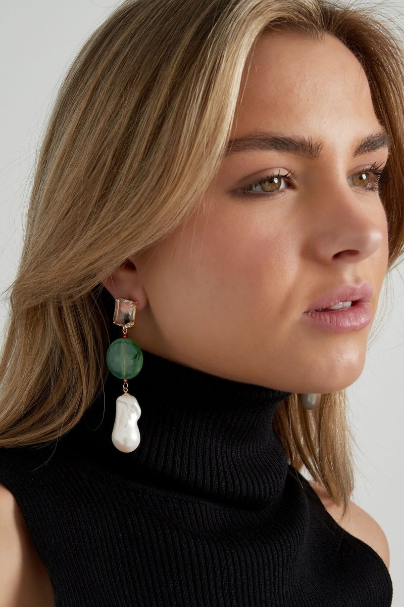 Vintage Pearls Oorbellen Green & White