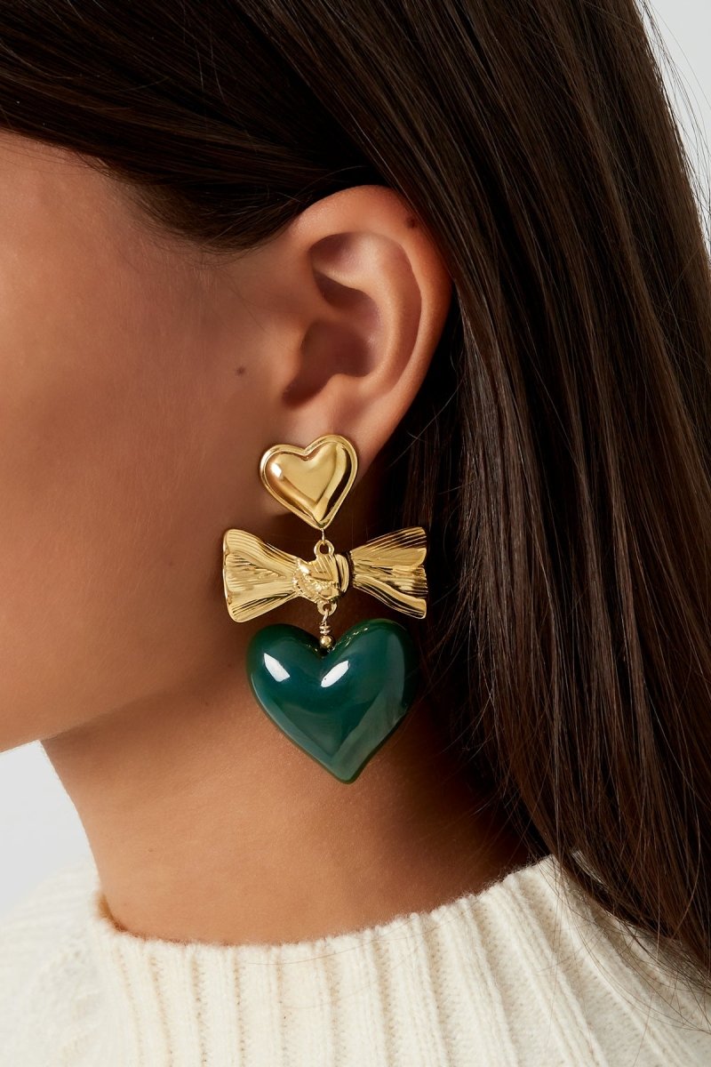 Green Heart & Bow Oorbellen Goudkleurig