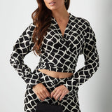 Wrap Blouse Aesthetic Print Black White