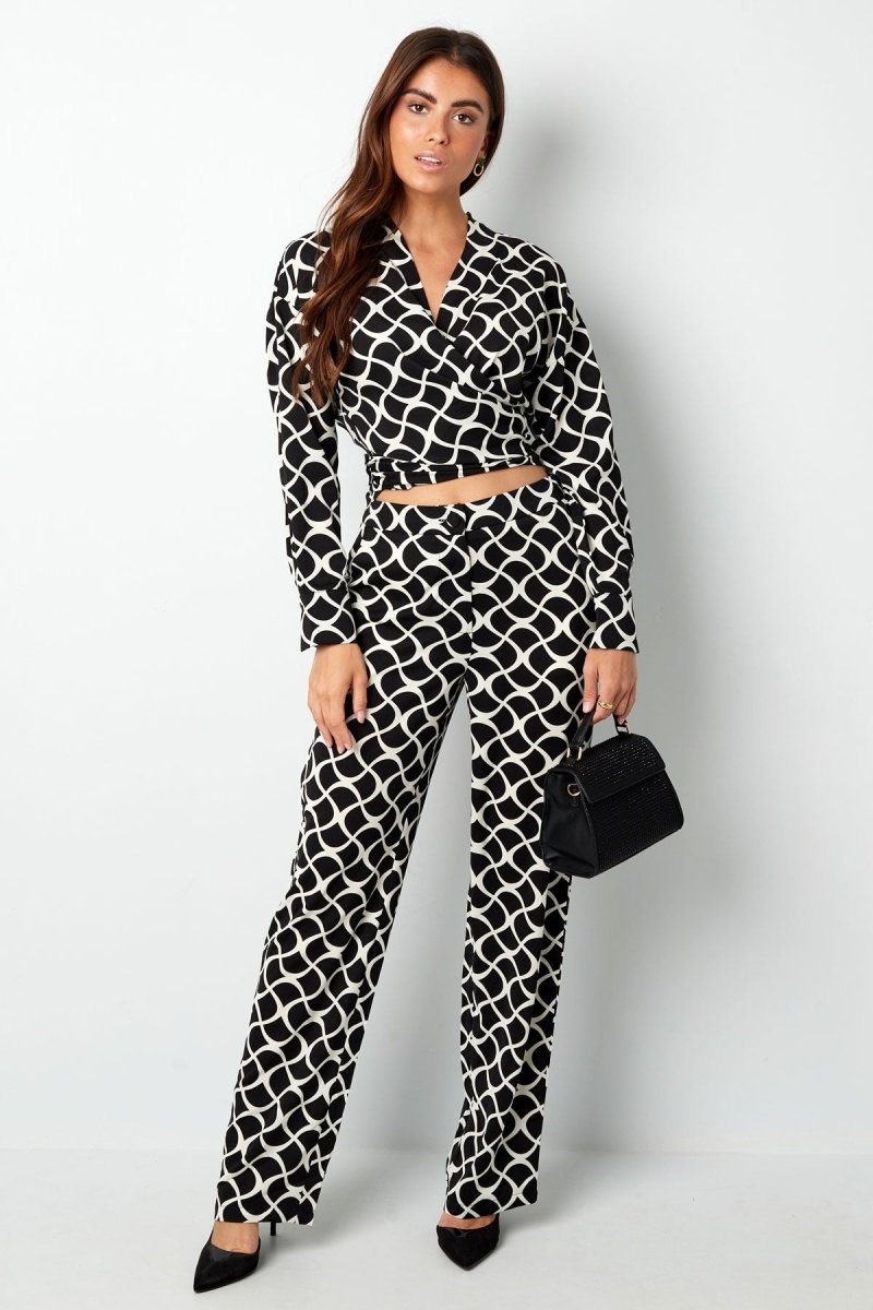 Wrap Blouse Aesthetic Print Black White