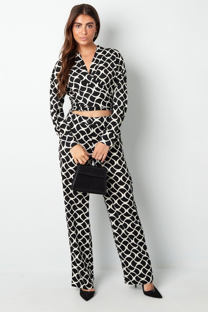 Wrap Blouse Aesthetic Print Black White
