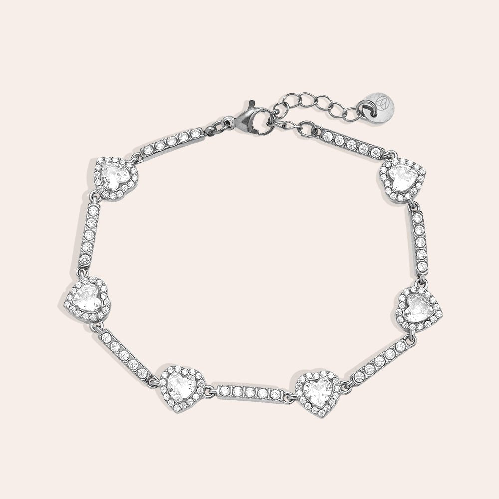 Diamond Hearts and Line Chain Armband Zilverkleurig