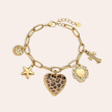Leopard Heart with Star and Cross Armband Goudkleurig