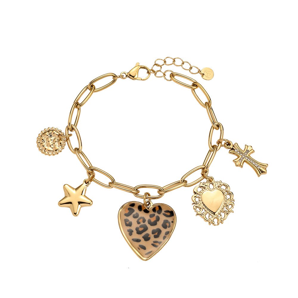 Leopard Heart with Star and Cross Armband Goudkleurig