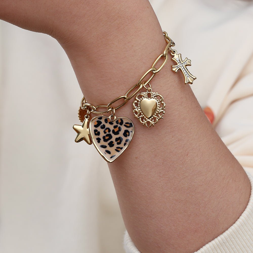 Leopard Heart with Star and Cross Armband Goudkleurig