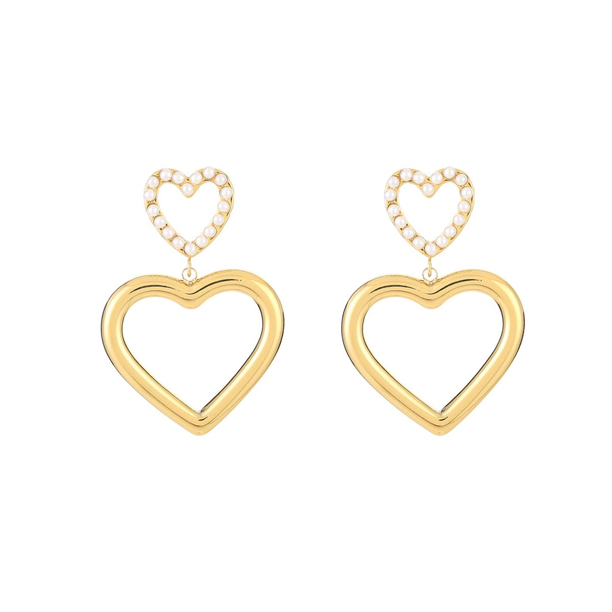 Double Heart & Pearls Oorbellen Goudkleurig
