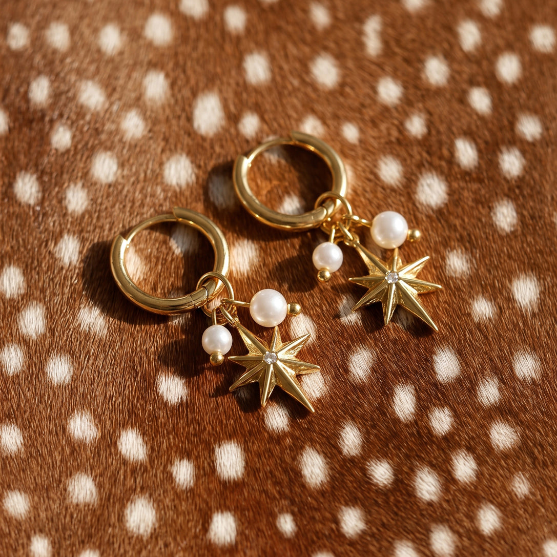 Star & Pearl Hoops Oorbellen Goudkleurig